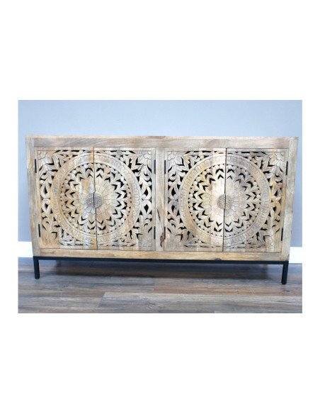 Buffet bois massif sculpté avec piètement métallique