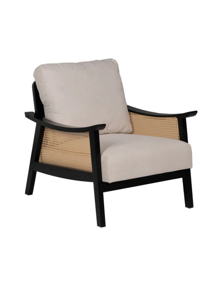 Fauteuil bergère en bois noir et rotin
