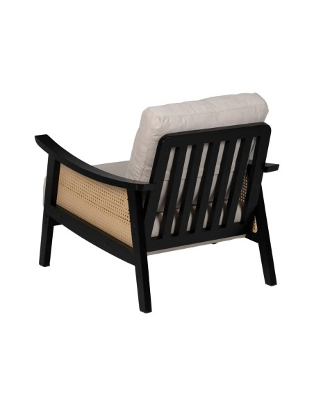 Fauteuil bergère en bois noir et rotin