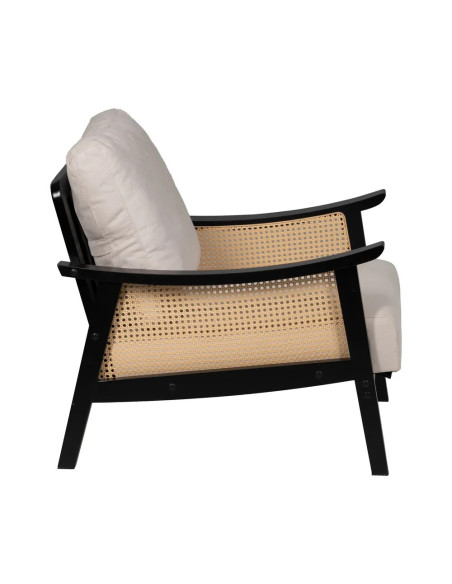 Fauteuil bergère en bois noir et rotin