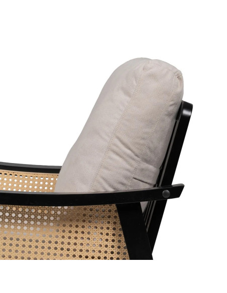 Fauteuil bergère en bois noir et rotin