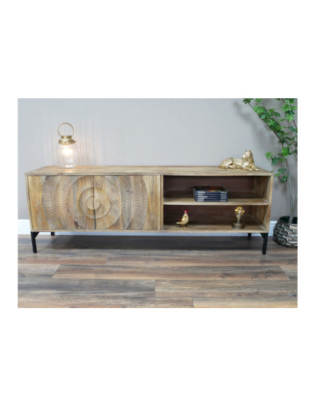 Meuble TV en bois et métal 2 portes sculptées et niches