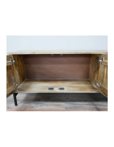 Meuble TV en bois et métal 2 portes sculptées et niches