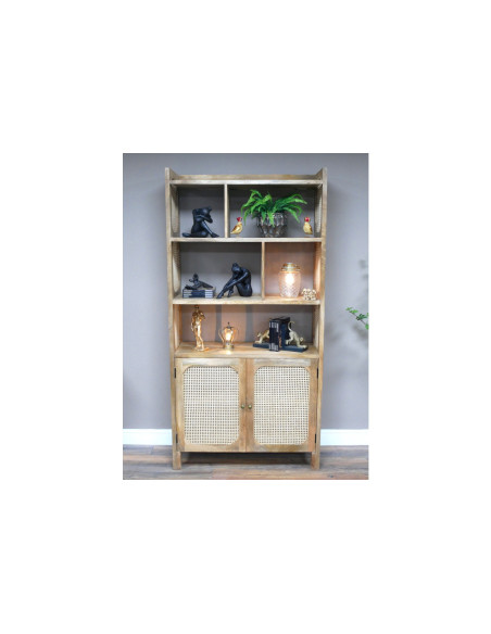 Bibliothèque 2 portes en bois de manguier et rotin