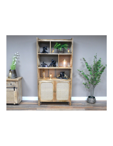 Bibliothèque 2 portes en bois de manguier et rotin