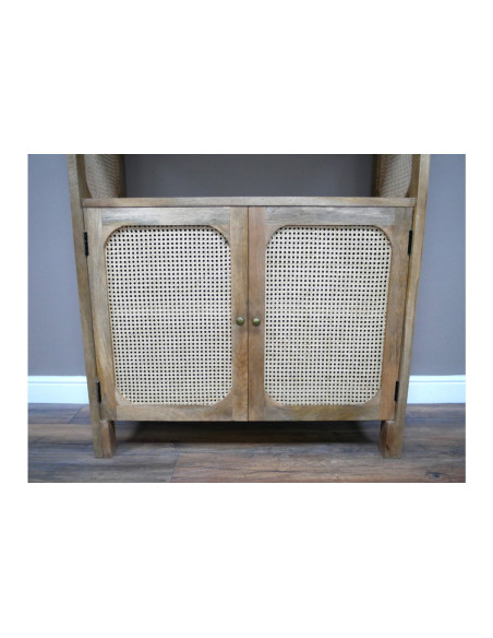 Bibliothèque 2 portes en bois de manguier et rotin