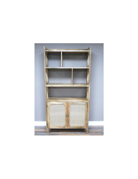 Bibliothèque 2 portes en bois de manguier et rotin