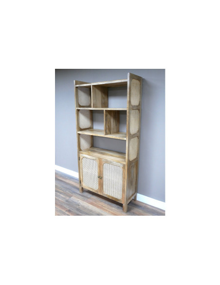 Bibliothèque 2 portes en bois de manguier et rotin