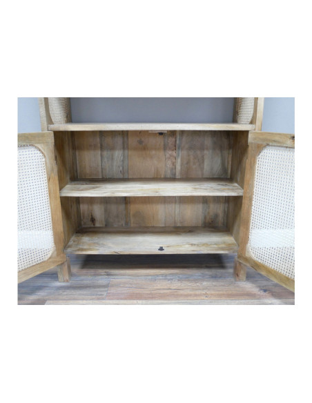 Bibliothèque 2 portes en bois de manguier et rotin