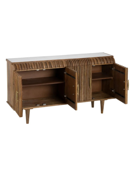 Buffet 4 portes striées en manguier et plateau marbre