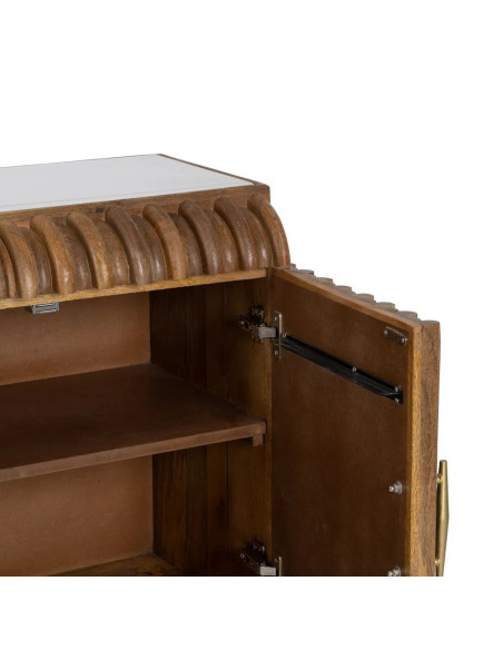 Buffet 4 portes striées en manguier et plateau marbre