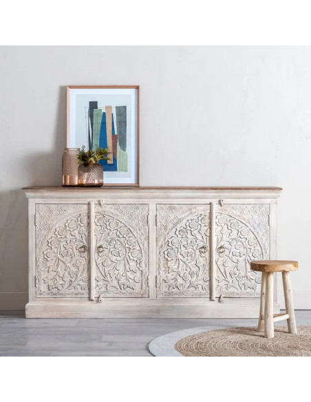 Buffet beige 4 portes en manguier sculpté