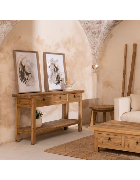 Console en bois recyclé 3 tiroirs et 1 étagère