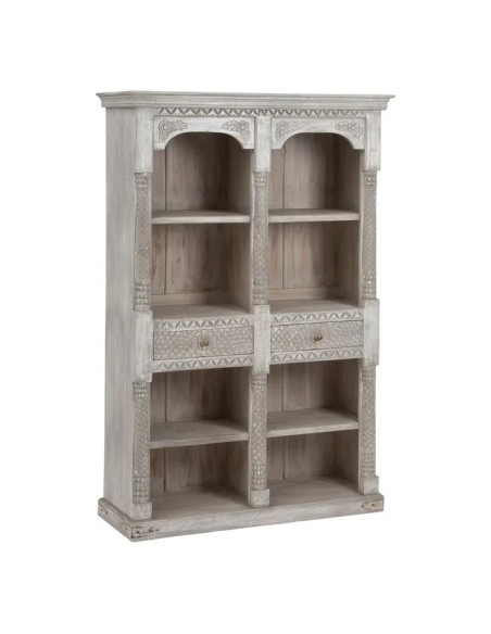 Bibliothèque en manguier sculpté et patine grisée