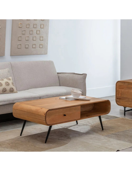 Table basse en bois avec tiroir et niche de rangement Mahon