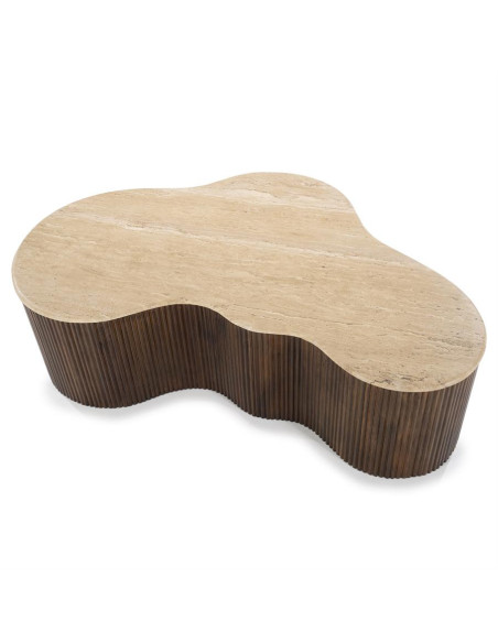 Grande table basse en manguier et travertin Mari