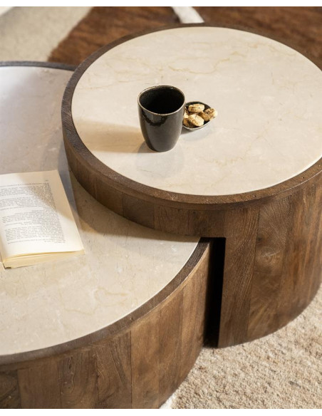 Lot de 2 tables basses en marbre et manguier Hazel