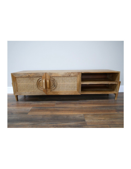 Meuble TV en manguier et rotin avec portes et niches