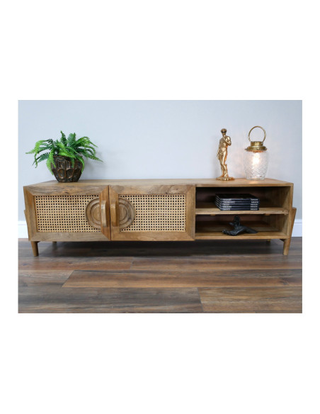 Meuble TV en manguier et rotin avec portes et niches
