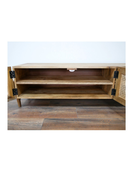 Meuble TV en manguier et rotin avec portes et niches