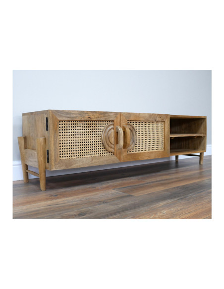 Meuble TV en manguier et rotin avec portes et niches