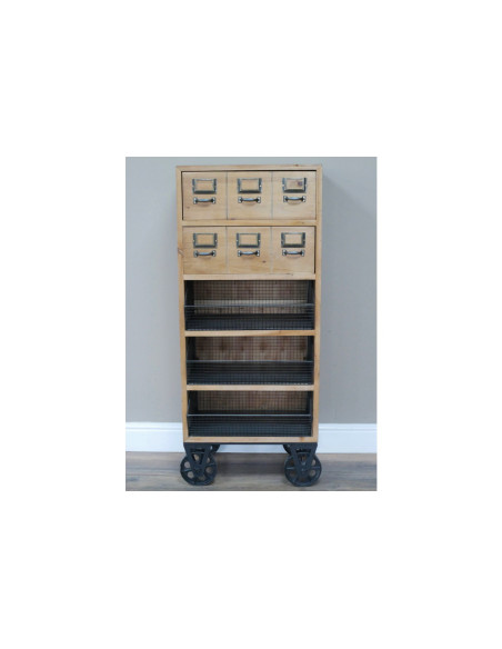 Meuble de rangement en bois et métal sur roulettes