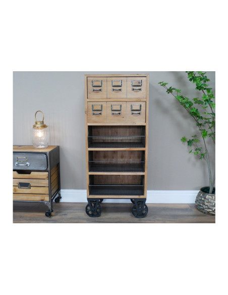 Meuble de rangement en bois et métal sur roulettes