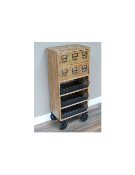Meuble de rangement en bois et métal sur roulettes