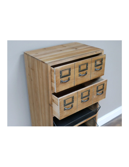 Meuble de rangement en bois et métal sur roulettes