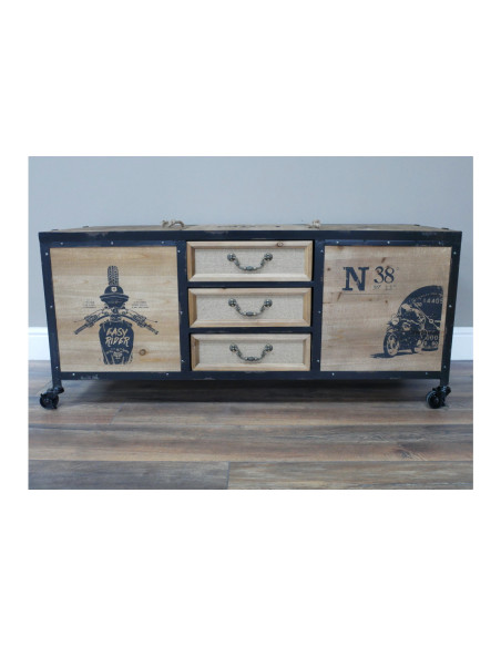 Malle de rangement en bois et métal sur roulettes