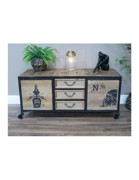 Malle de rangement en bois et métal sur roulettes