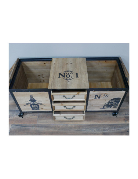 Malle de rangement en bois et métal sur roulettes