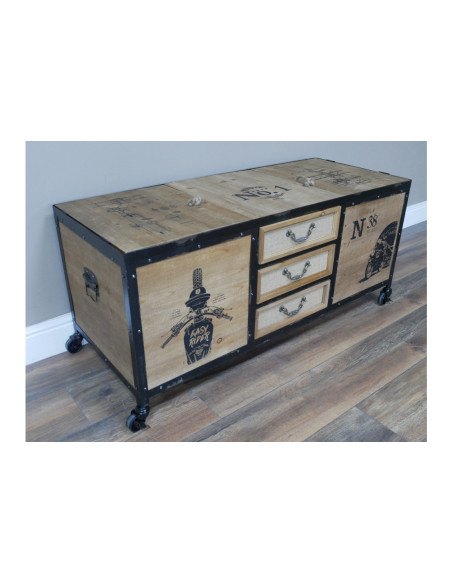 Malle de rangement en bois et métal sur roulettes