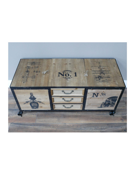 Malle de rangement en bois et métal sur roulettes