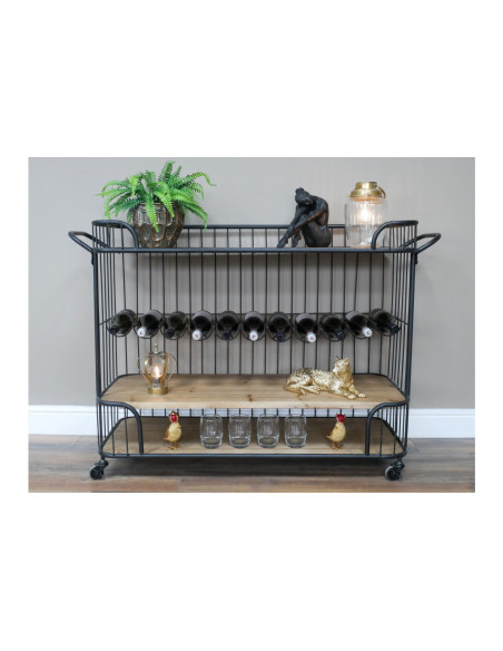 Desserte métallique sur roulettes avec porte bouteilles