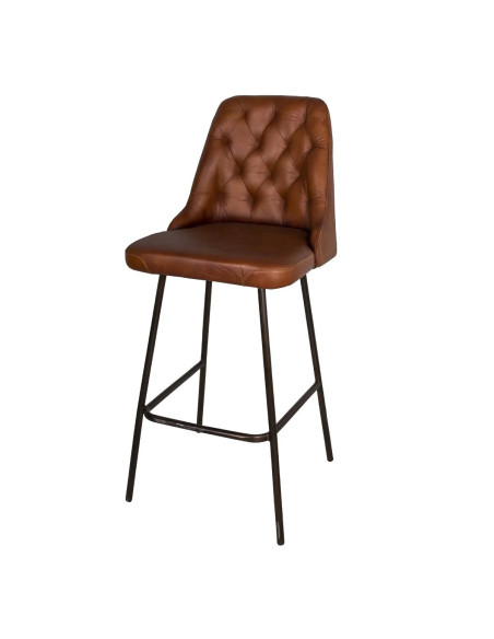 Chaise de bar dossier capitonné en cuir de buffle marron