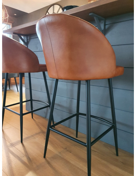 Fauteuil haut de bar en cuir cognac Gaël
