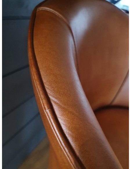 Fauteuil haut de bar en cuir cognac Gaël