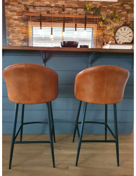 Fauteuil haut de bar en cuir cognac Gaël