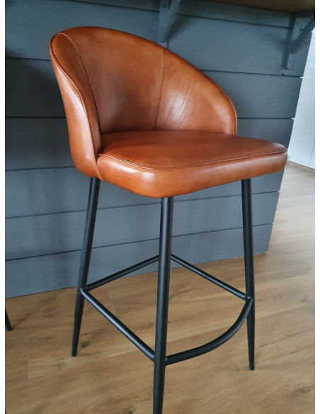 Fauteuil haut de bar en cuir cognac Gaël