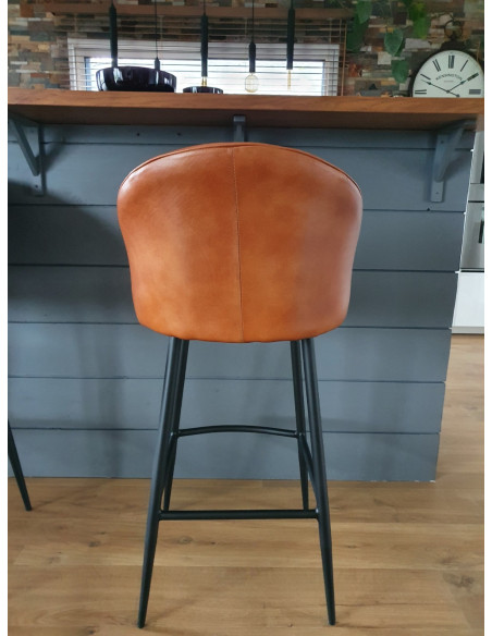 Fauteuil haut de bar en cuir cognac Gaël