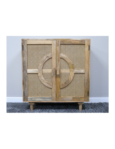 Petit meuble d'appoint en bois massif portes rotin