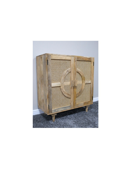 Petit meuble d'appoint en bois massif portes rotin