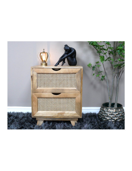 Table de chevet avec 2 tiroirs façade rotin