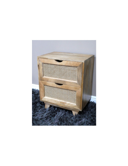 Table de chevet avec 2 tiroirs façade rotin