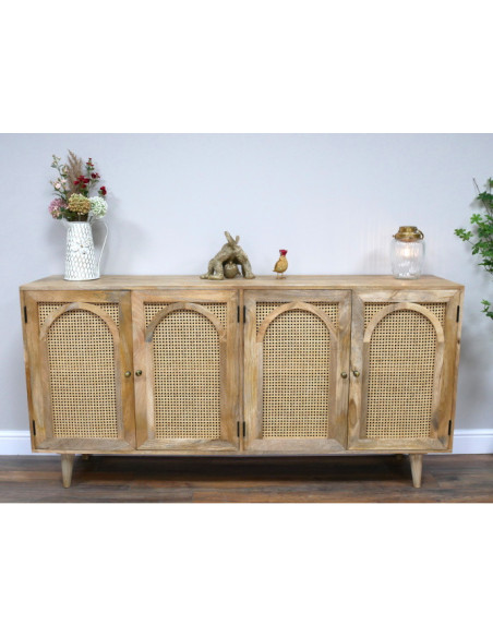 Buffet en acacia 4 portes en rotin 180 cm