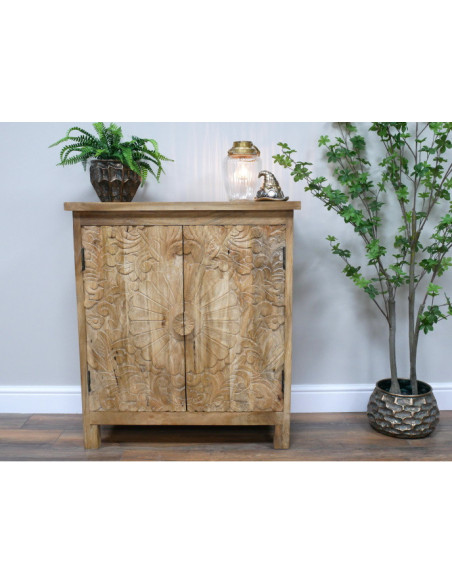 Armoire deux portes en manguier sculpté motifs floraux