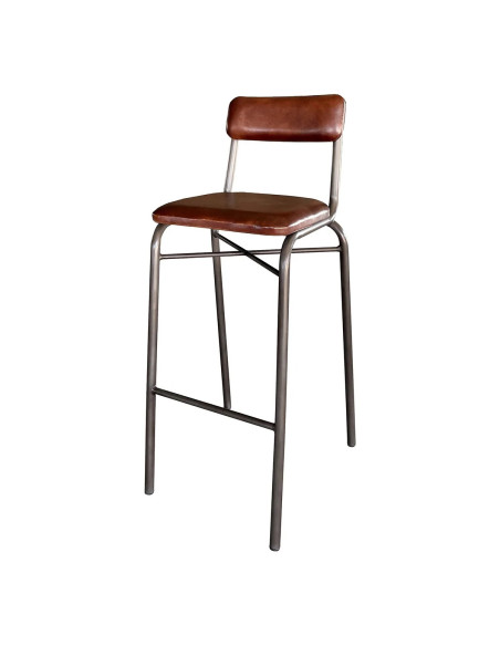 Chaise de bar style écolier en cuir de chèvre marron