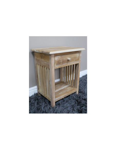 Chevet en teck brut avec tiroir et étagère