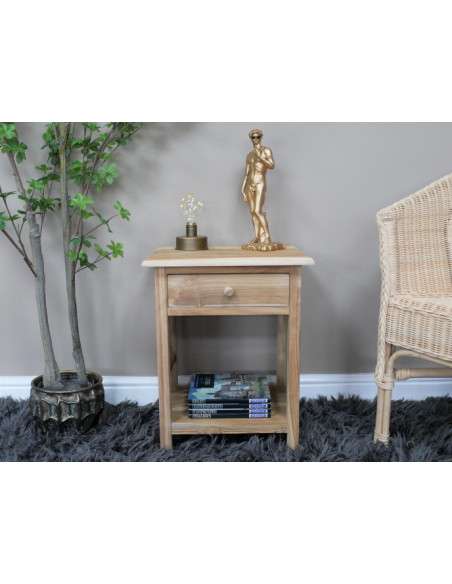 Chevet en teck brut avec tiroir et étagère